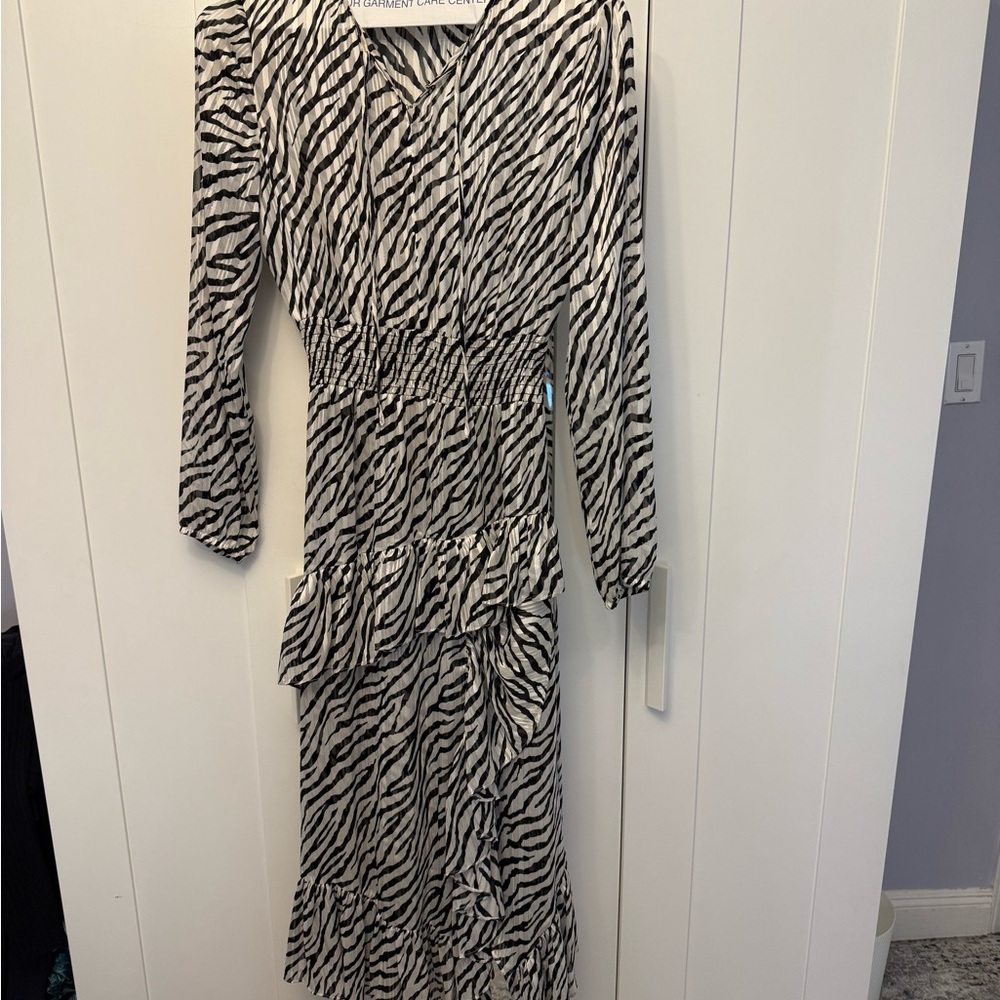 Maje Black and White Animal Print Long Sleeve Dress